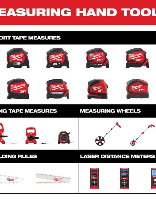 Load image into Gallery viewer, 8 M/26 Ft. Compact Tape Measure with Compact Auto Lock 25 Ft. SAE Tape Measure with Fractional Scale and 9 Ft. Standout
