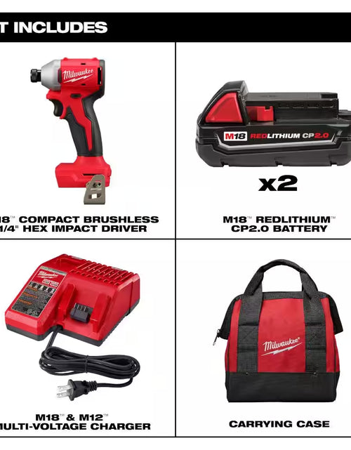 Load image into Gallery viewer, M18 18-Volt Lithium-Ion Compact Brushless Cordless 1/4 In. Impact Driver Kit with One 2.0 Ah Battery, Charger &amp; Tool Bag
