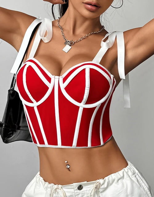 Load image into Gallery viewer, Women Lace up Straps Crop Tops Patchwork Stripe Sexy Exposed Navel Tank Top Beach Camis Streetwear Tube Tops Women 2024 Summer
