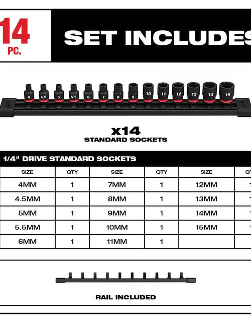 Load image into Gallery viewer, SHOCKWAVE 1/4 In. Drive Metric 6 Point Impact Socket Set (14-Piece)
