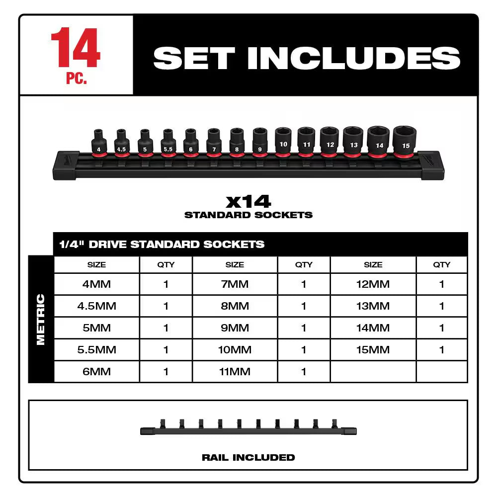 SHOCKWAVE 1/4 In. Drive Metric 6 Point Impact Socket Set (14-Piece)