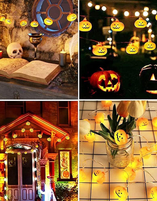 Load image into Gallery viewer, Halloween Pumpkin String Lights with Pumpkin Candy Bucket, 30 LED 16.4Ft, 8 Modes Timer Waterproof Orange Jack-O-Lantern, Outdoor and Indoor Halloween Decorations
