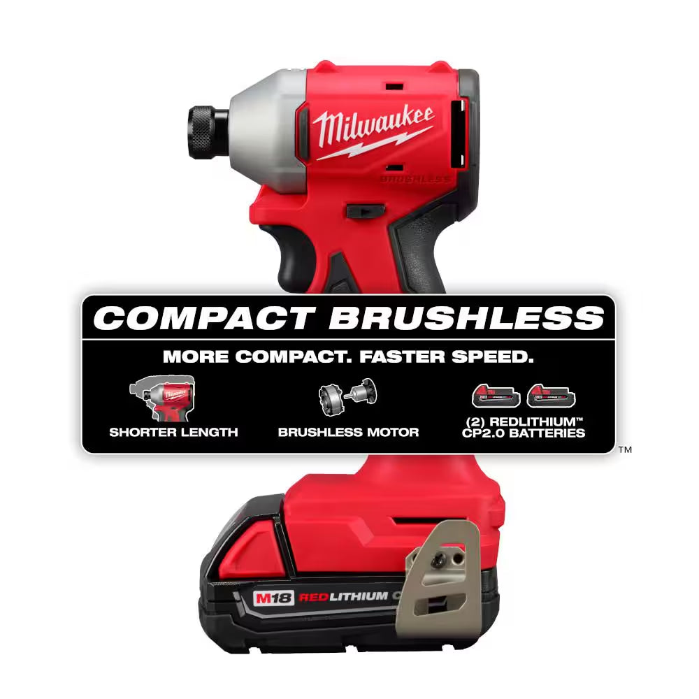 M18 18-Volt Lithium-Ion Compact Brushless Cordless 1/4 In. Impact Driver Kit with One 2.0 Ah Battery, Charger & Tool Bag