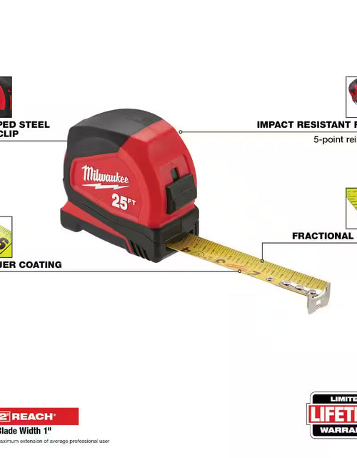 Load image into Gallery viewer, 8 M/26 Ft. Compact Tape Measure with Compact Auto Lock 25 Ft. SAE Tape Measure with Fractional Scale and 9 Ft. Standout
