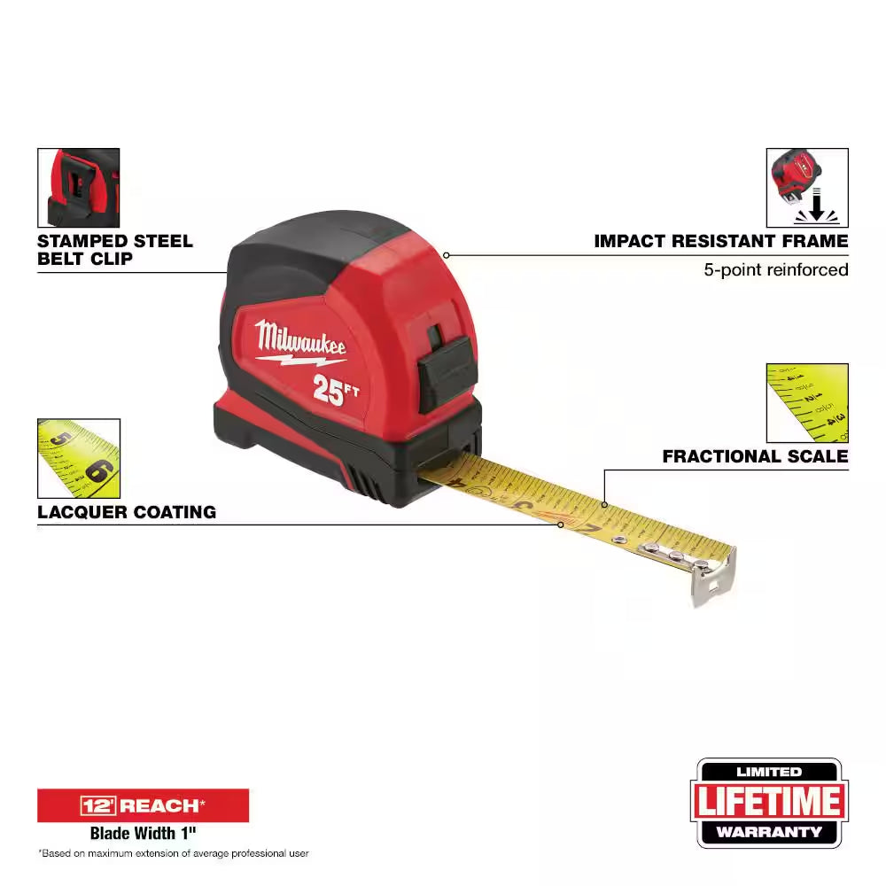 8 M/26 Ft. Compact Tape Measure with Compact Auto Lock 25 Ft. SAE Tape Measure with Fractional Scale and 9 Ft. Standout