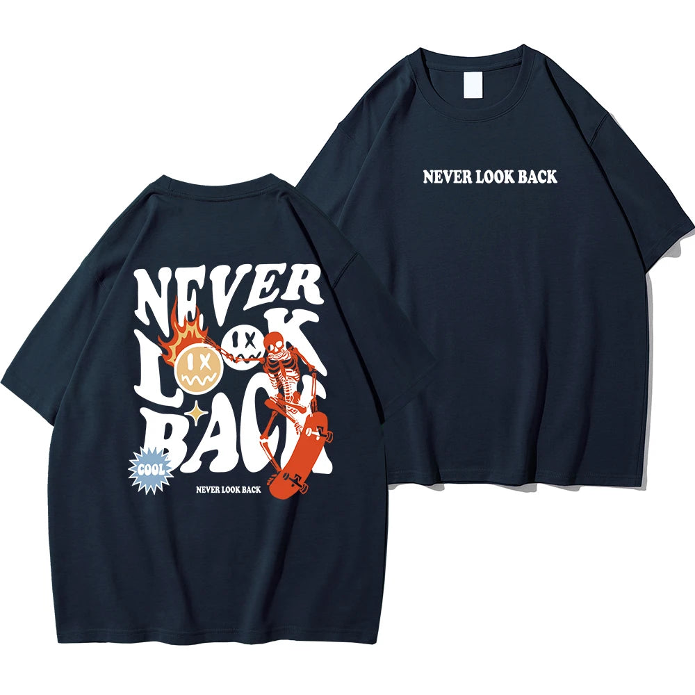 Never Look Back Creative Smile Skull Printing Cartoons Street Print Tshirt Man Loose Tee Clothes Cotton Crewneck Tops T-Shirt