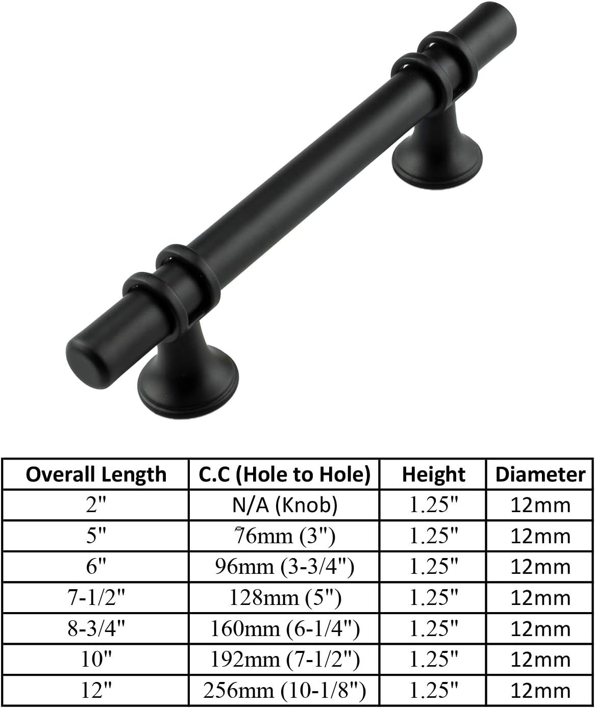 12-Series Matte Black T Bar Handle Pull — 6-1/4" (160Mm) Hole Centers, 8-3/4" Overall Length — 50 Pack Modern Kitchen Cabinet Door Drawer Hardware/Dresser