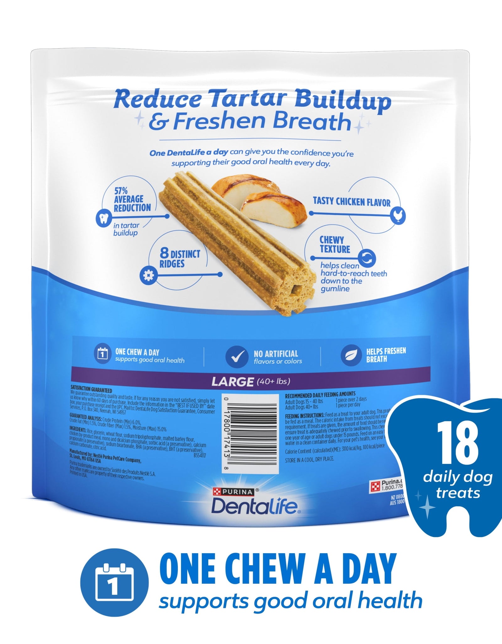 Purina  Daily Oral Care Chicken Flavor Large Breed Dog Dental Chews – 20.7 Oz Pouch (18Ct)