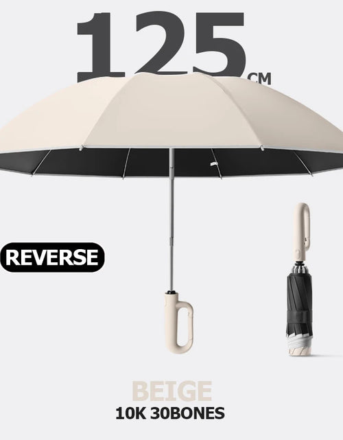 Load image into Gallery viewer, Big Windproof Strong Umbrella with Reflective Stripe Reverse Automatic Fold UV Umbrella for Rain Sun Carabiner Handle Luxury
