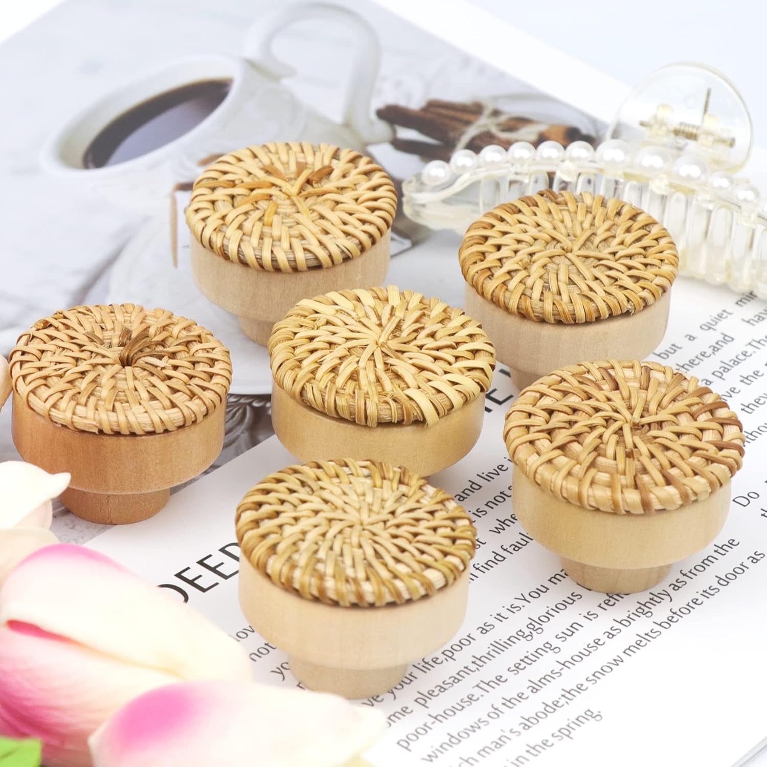 Rattan Drawer Knobs, 10Pcs Boho Dresser Knobs Handmade Wood Cabinets Handles Hardware Wicker Woven Drawer Knobs for Nursery Kitchen Furniture Wardrobe Cupboard