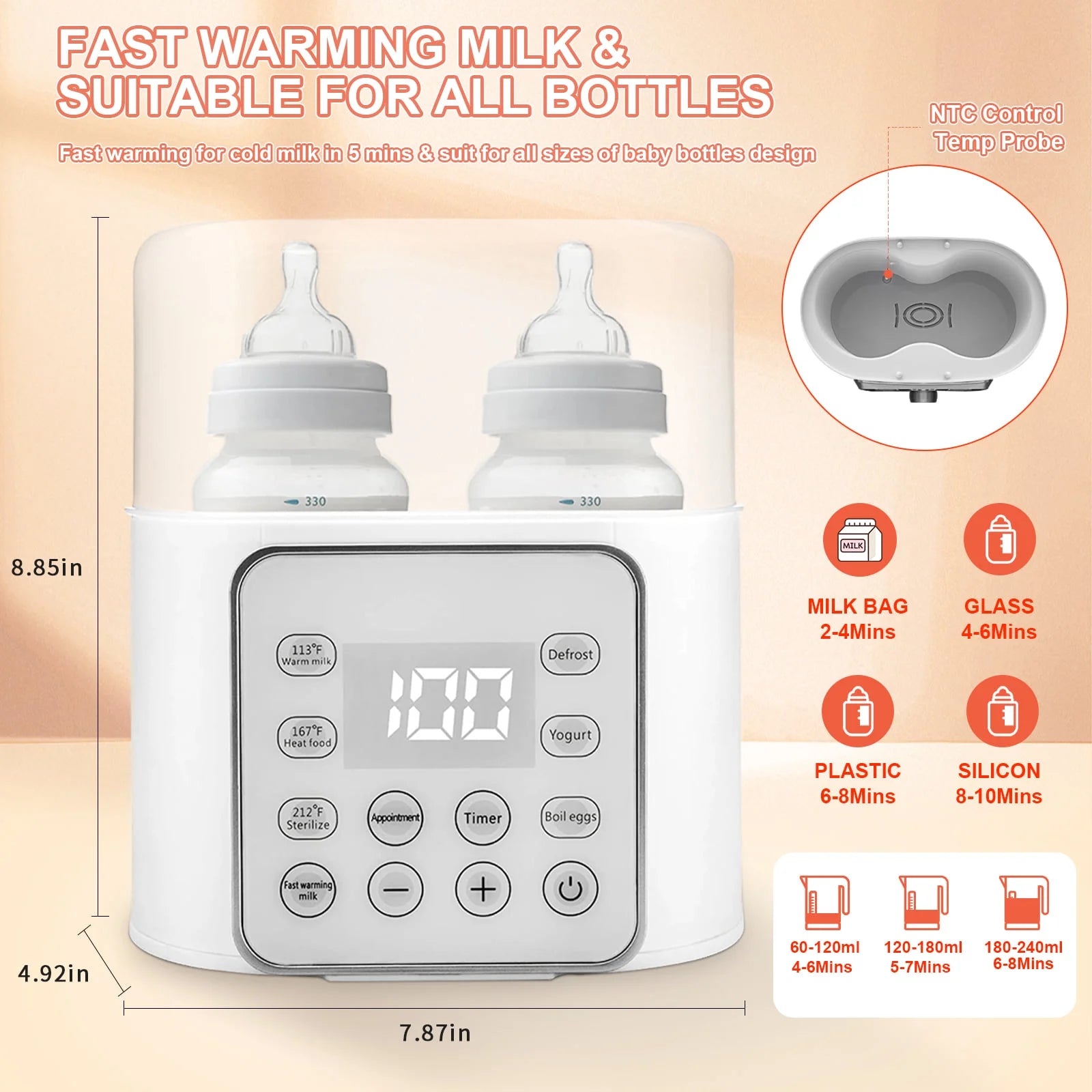 Baby , 9 in 1 Double Bottles Milk Warmer for Baby, Fast Food Heater & Defrost Warmer with Timer, LCD Display, Timer & 24H Temperature Control for Breastmilk & Formula